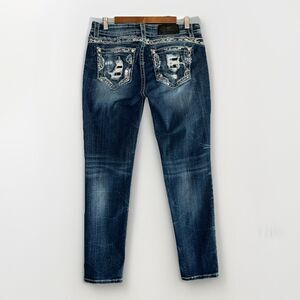 Miss Me Women's Skinny Jeans - Dark Blue distressed w/Silver Accents & patches